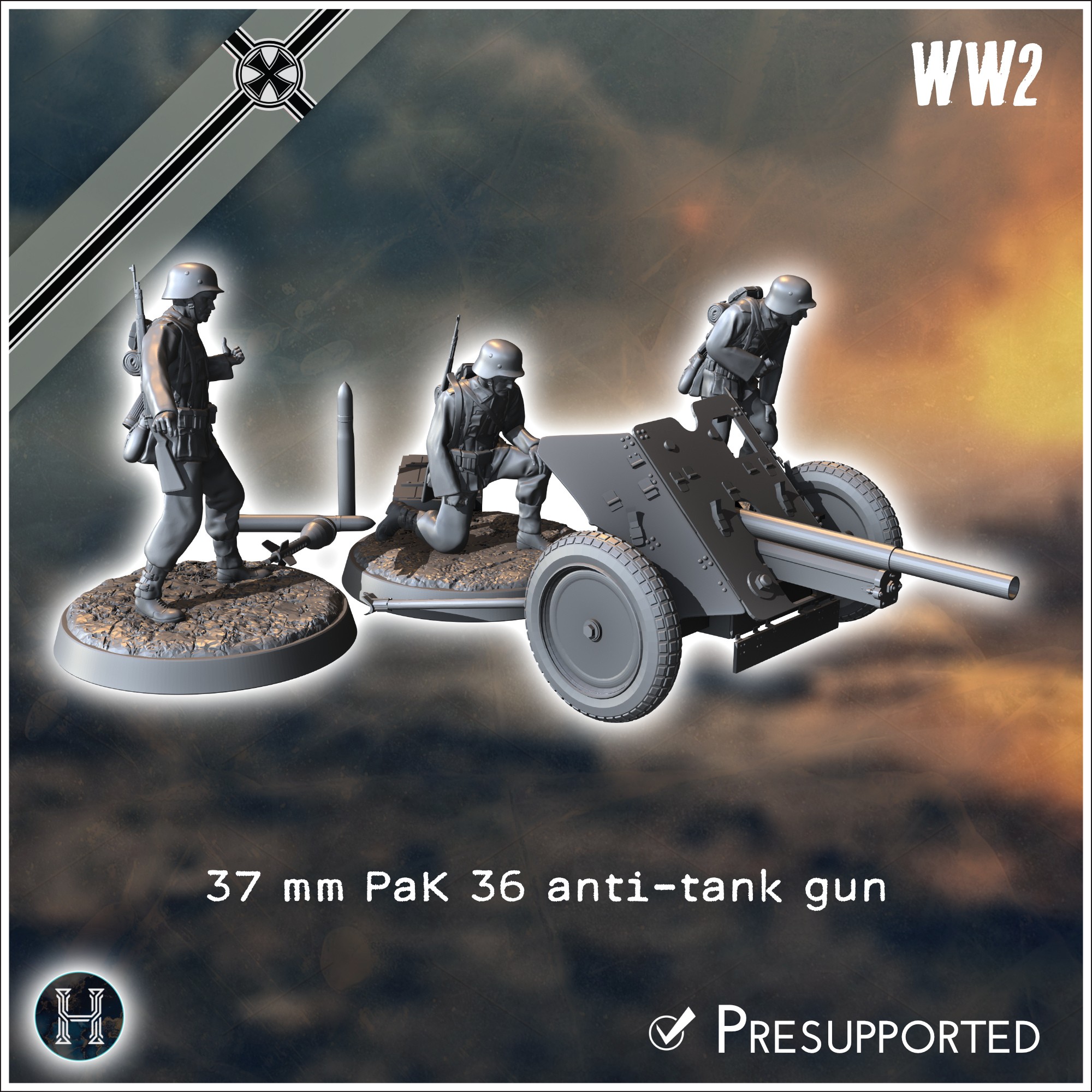 37 mm Pak 36 anti-tank gun (with 3 crews) - Germany Eastern Western Front Normandy Stalingrad Berlin Bulge WWII